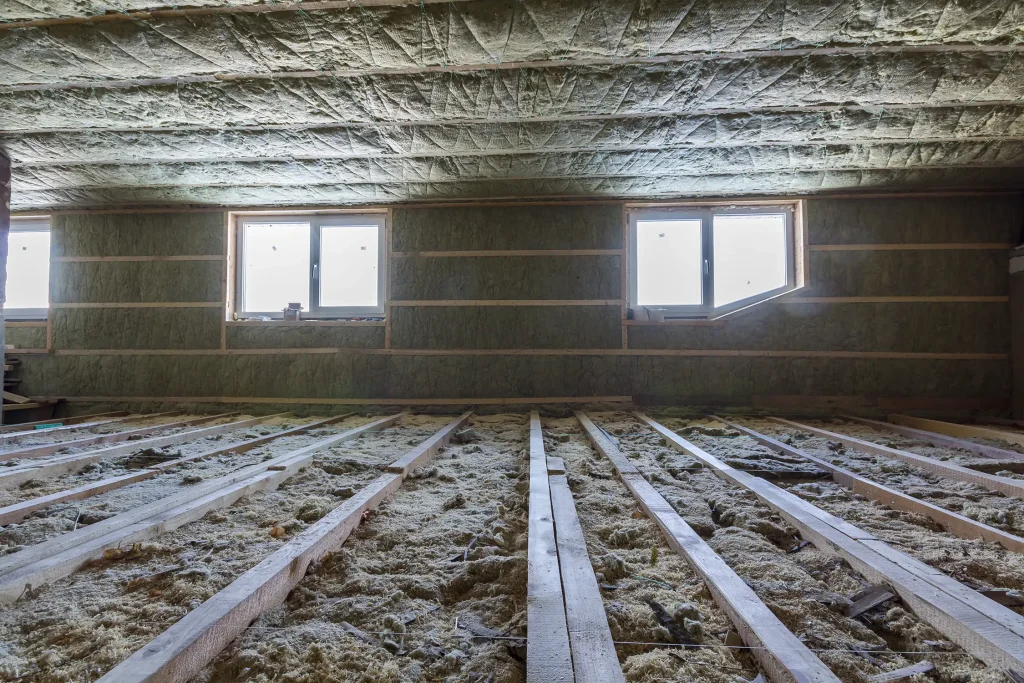 Insulation in a home attic attic crawlspace.