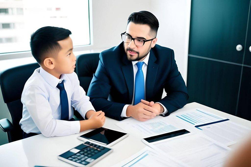 A young boy in an office setting, wearing a shirt and tie, being trained as a CPA.