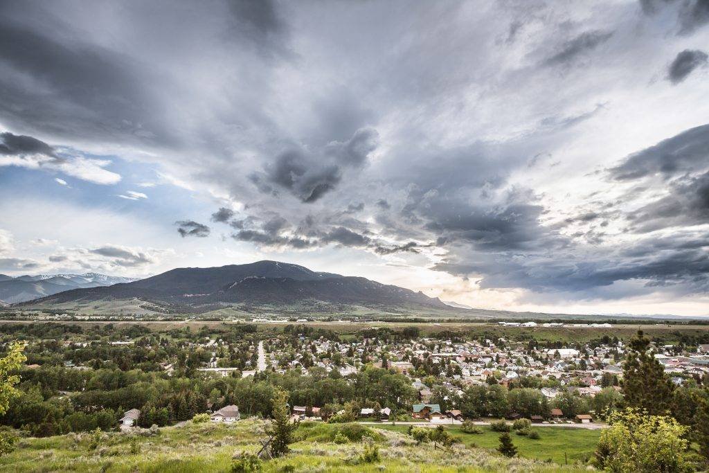 View of townscape and mountain, Red Lodge, Montana, USA